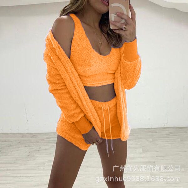 Spring Summer Solid Color Slim Three-Piece Set Women Long Sleeve Hooded Coat O-Neck Short Vest Drawstring High Waist Shorts Suit