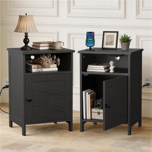 Nalone Home Nightstand Set of 2, Bedside End Tables Night Stand with Charging Station and Storage Shelves, Modern Wood Side Table for Bedroom and Living Room, Black