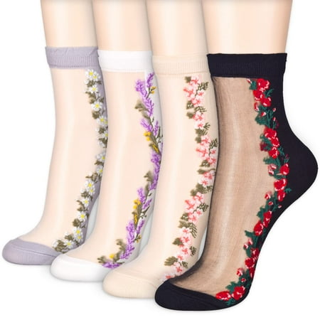 

Dani s Choice Floral Flower Lined Sheer Transparent Mesh Lace Ankle Stocking Socks (Onesize 4 Pairs)