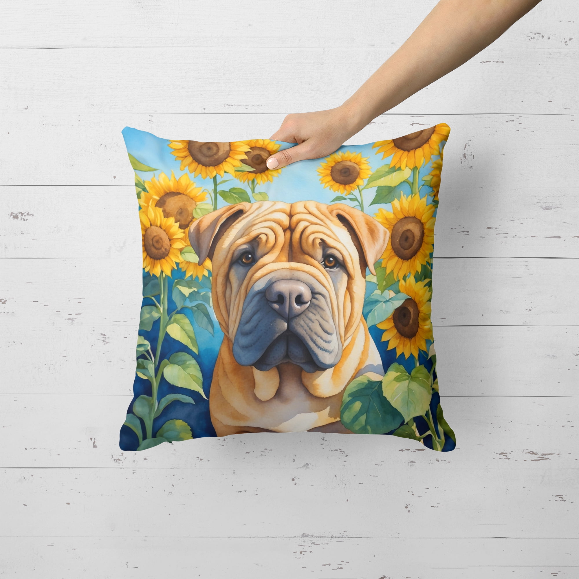 Shar Pei in Sunflowers Throw Pillow 18 in x 18 in