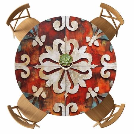 Impressionist Style Round Table Cover Red Flowers Modernism Aesthetic Waterproof Fitted Tablecloths for 45 -54 Tables Washable Picnic Table Cover for Camping Dining Indoor Outdoor