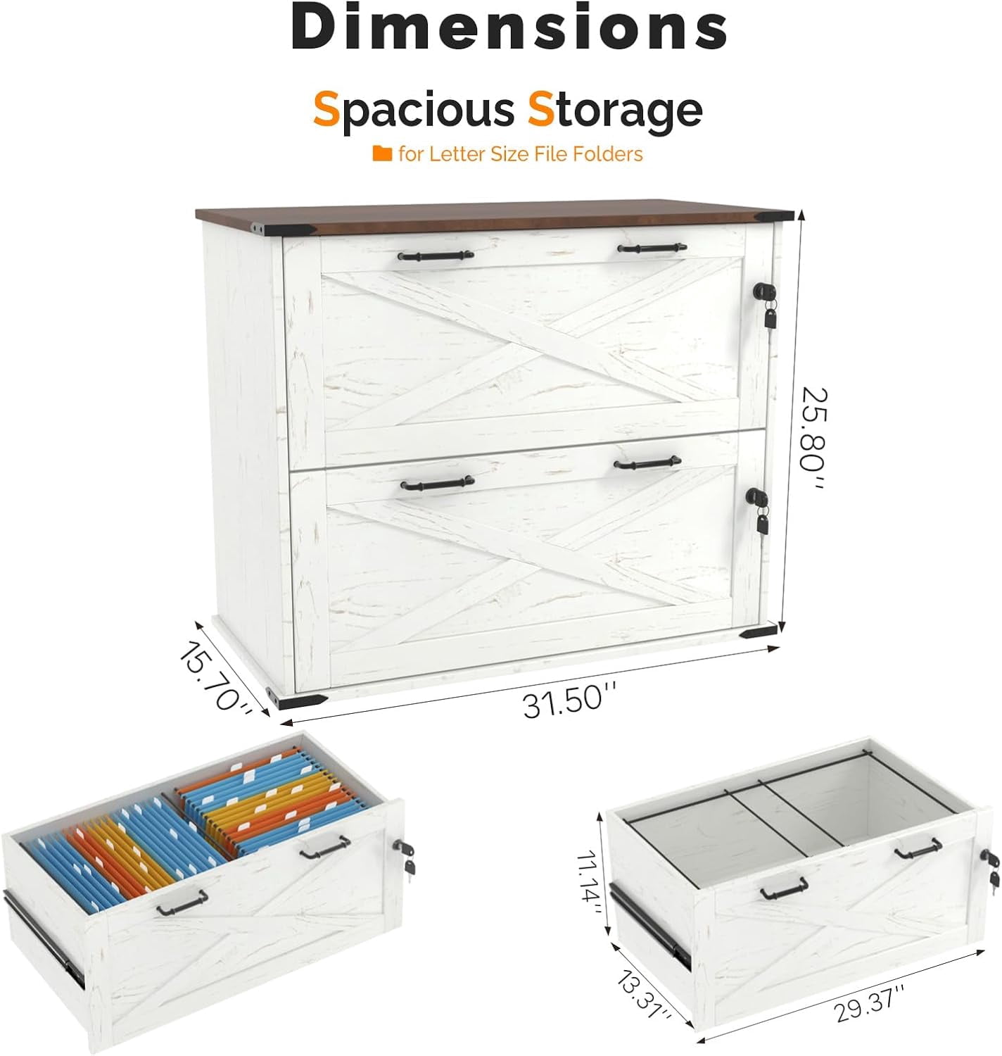 UBesGoo Farmhouse File Cabinet with 2-Drawer Wood Vertical File Storage Cabinet with Individual Lock and Rustic Metal Handles, White