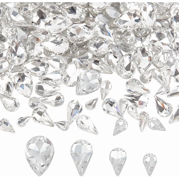 220 Pcs Mini Teardrop Glass Rhinestones 4Sizes Faceted Pointed Back Rhinestone No Hole Clear Glass Rhinestones Small Gems Jewelry Embellishments with Silver Plated Back