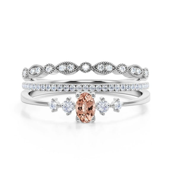 Classic 1.65 Carat Oval Cut Morganite And Diamond Moissanite Engagement Ring, Fairy And Dainty Ring, Wedding Ring in 925 Sterling Silver With 18k White Gold Plating, Gift, Promise Ring, Trio Rings