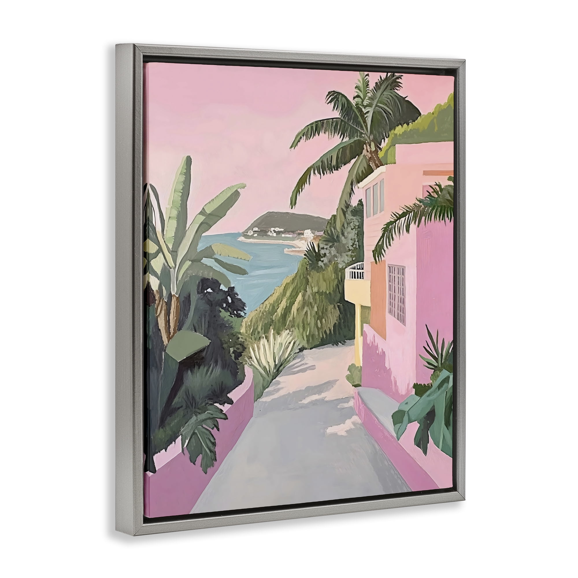 Stupell Industries Mediterranean Pink Coastal House Gray Framed Floater Canvas Wall Art, design by The Prints Vibe