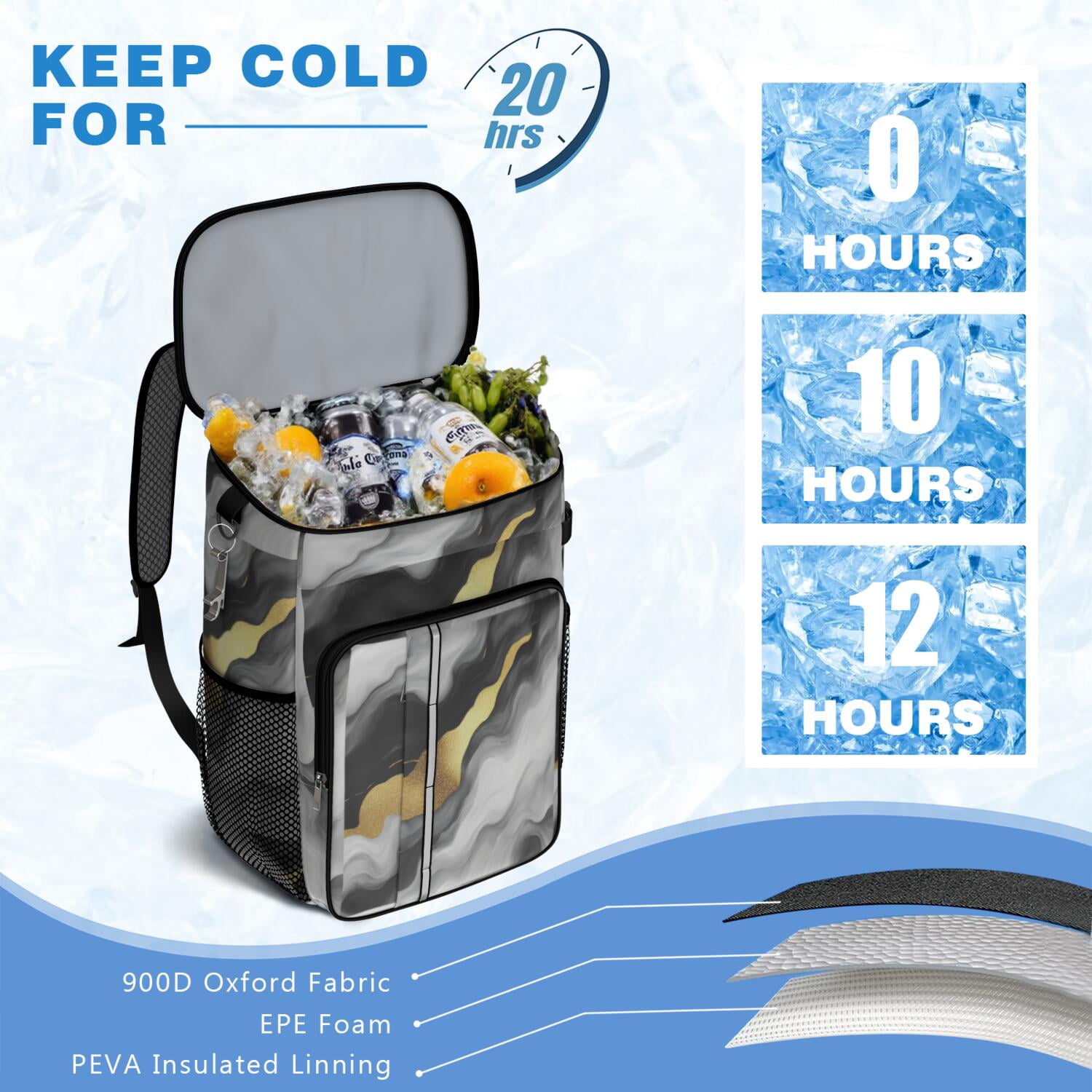 Travel Cooler Bag - Black White and Gold Marble Camping Beer Cooler Backpack with Bottle Opener- Waterproof Insulated Picnic Backpacks - Cooler Bag for Beach