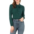 thumbnail image 5 of MODA NOVA Junior's Peter Pan Collar Self Tie Neck Puff  Sleeve Shirt Dark Green S, 5 of 5
