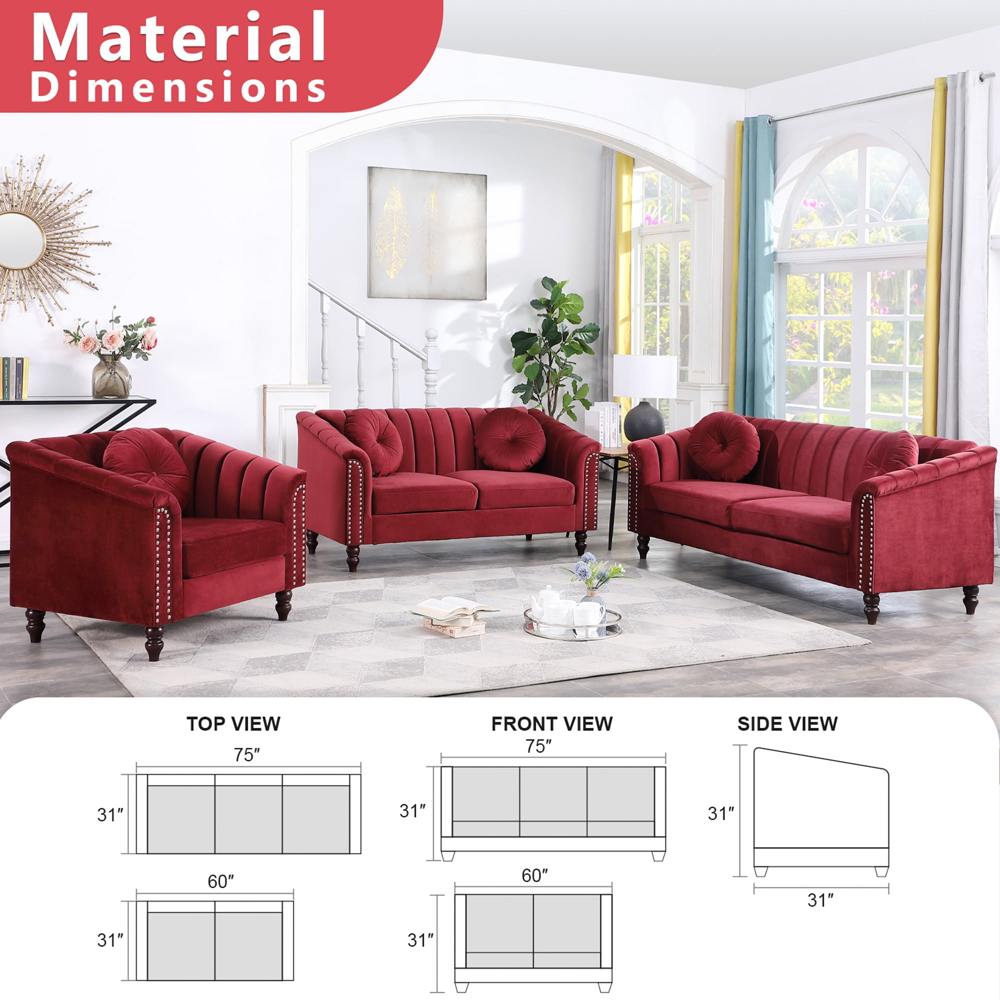 Aukfa 3 Seater Sofa Couch Set, Contemporary Living Room Sofa for Living Room Furniture Sets, Red