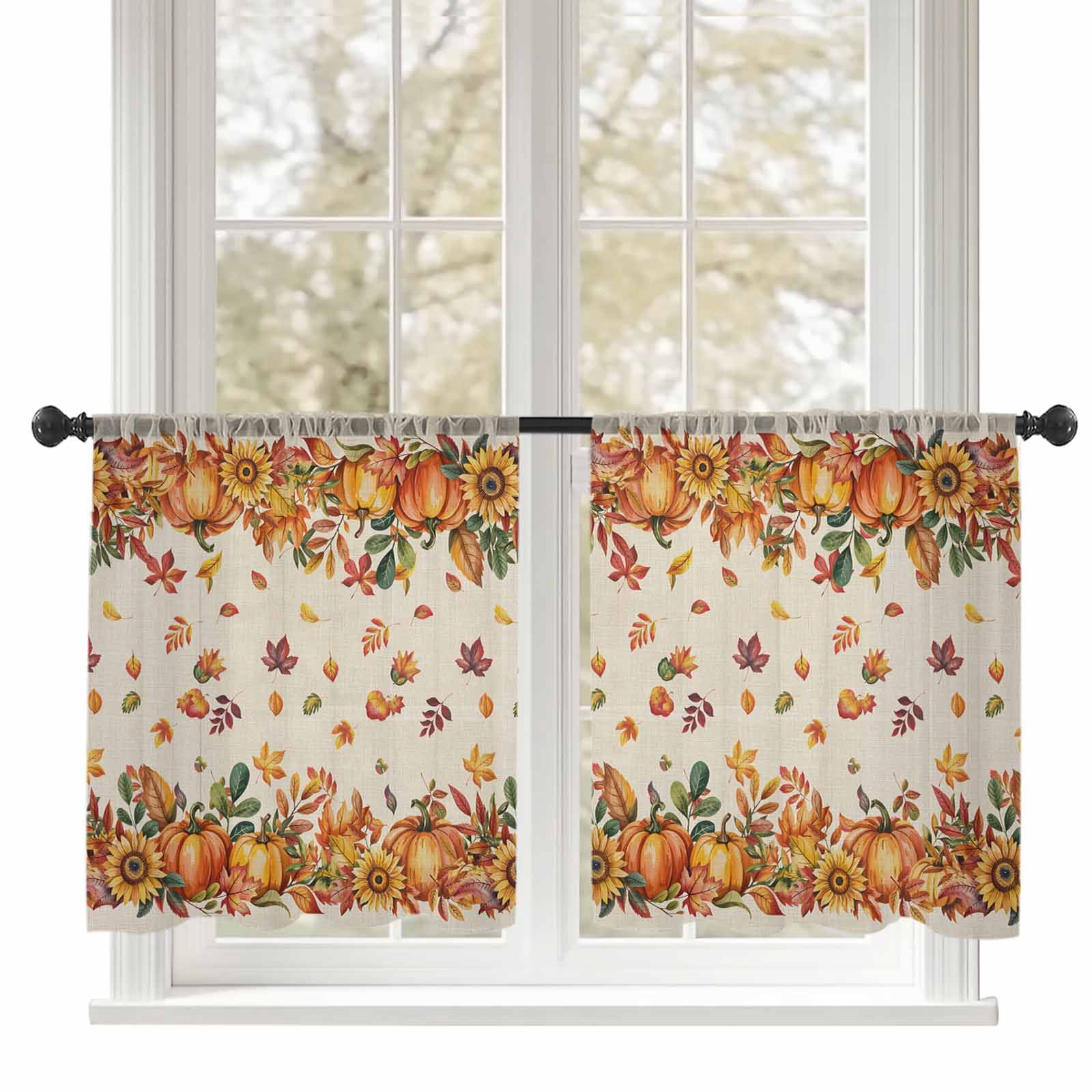 Sheer Curtains 54 inches Long 2 Panels Set Pumpkin Sunflower Fall Maple Leaf Thanksgiving Retro Linen Tiers Sheers Rod Pocket Small Window Short Curtains for Kitchen Cafe, Each 52" W x 54" L