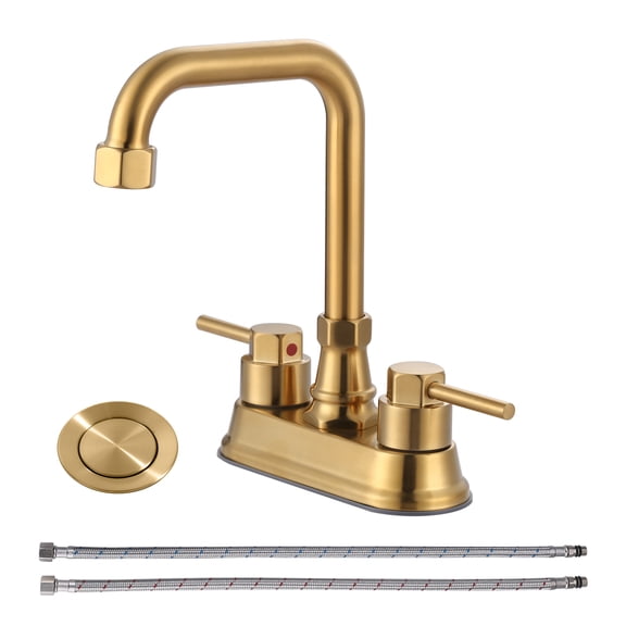 Wowow 4 in. Centerset Double Handle High Arc Bathroom Faucet with Drain Kit Included in Gold