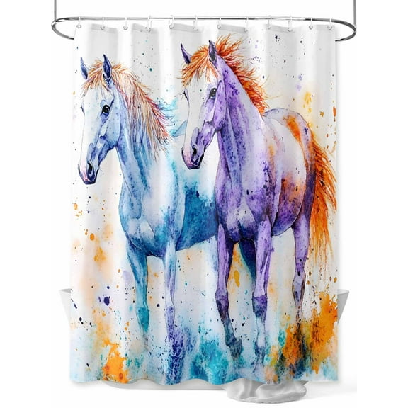 Fsddascl Blue Purple Horse Print Shower Curtain Set - 72" x 78" Washable Bathtub Curtain with 12 Hooks, Abstract Watercolor Animals Waterproof Fabric Stall Shower Curtains for Bathroom/Bathtub