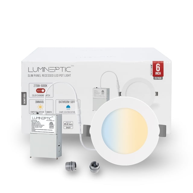 LUMINEPTIC 6 Inch 20 Pack 5CCT Dimmable Slim Recessed LED Pot Lights, Selectable Colors, Bathroom & Damp Locations
