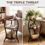 NUBILY Vintage 3-Tier Round Side Table, 15.8Lx15.8Wx24.8H, Slim Waist Design, Compact for Small Spaces, Brown Storag Shelf, MDF Top & Iron Frame