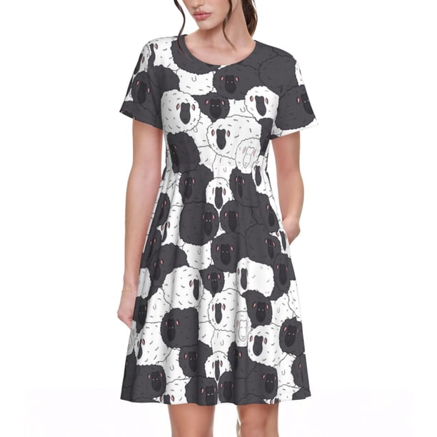 Balery Black And White Sheeps Vestidos sueltos de manga corta para mujer, vestidos de verano 2025, vestidos casuales de corte A con vuelo.