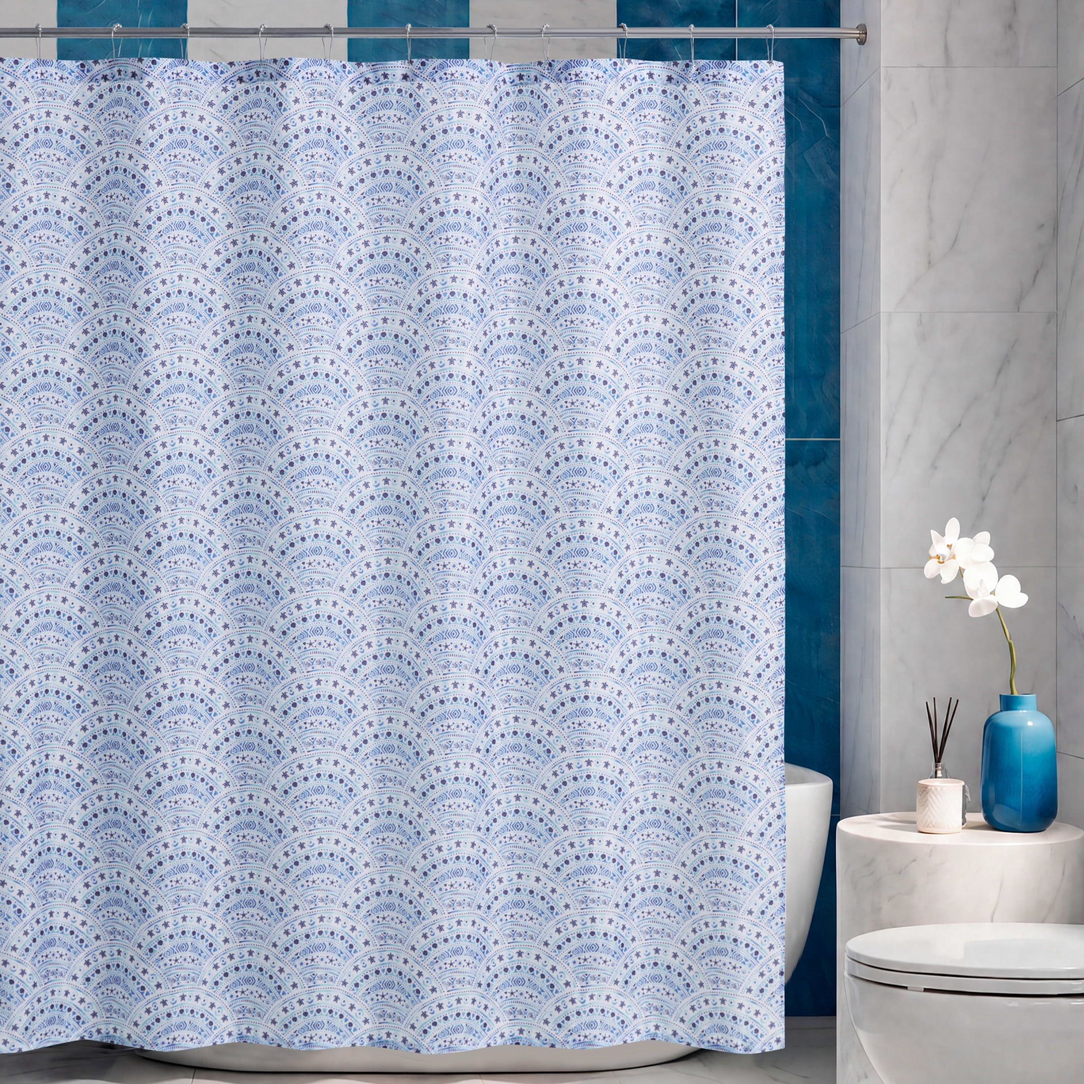 CHI Scalloped Mosaic Shower Curtain with Hooks and Rugs Modern Washable 72" W x 72" L 15-Piece Set