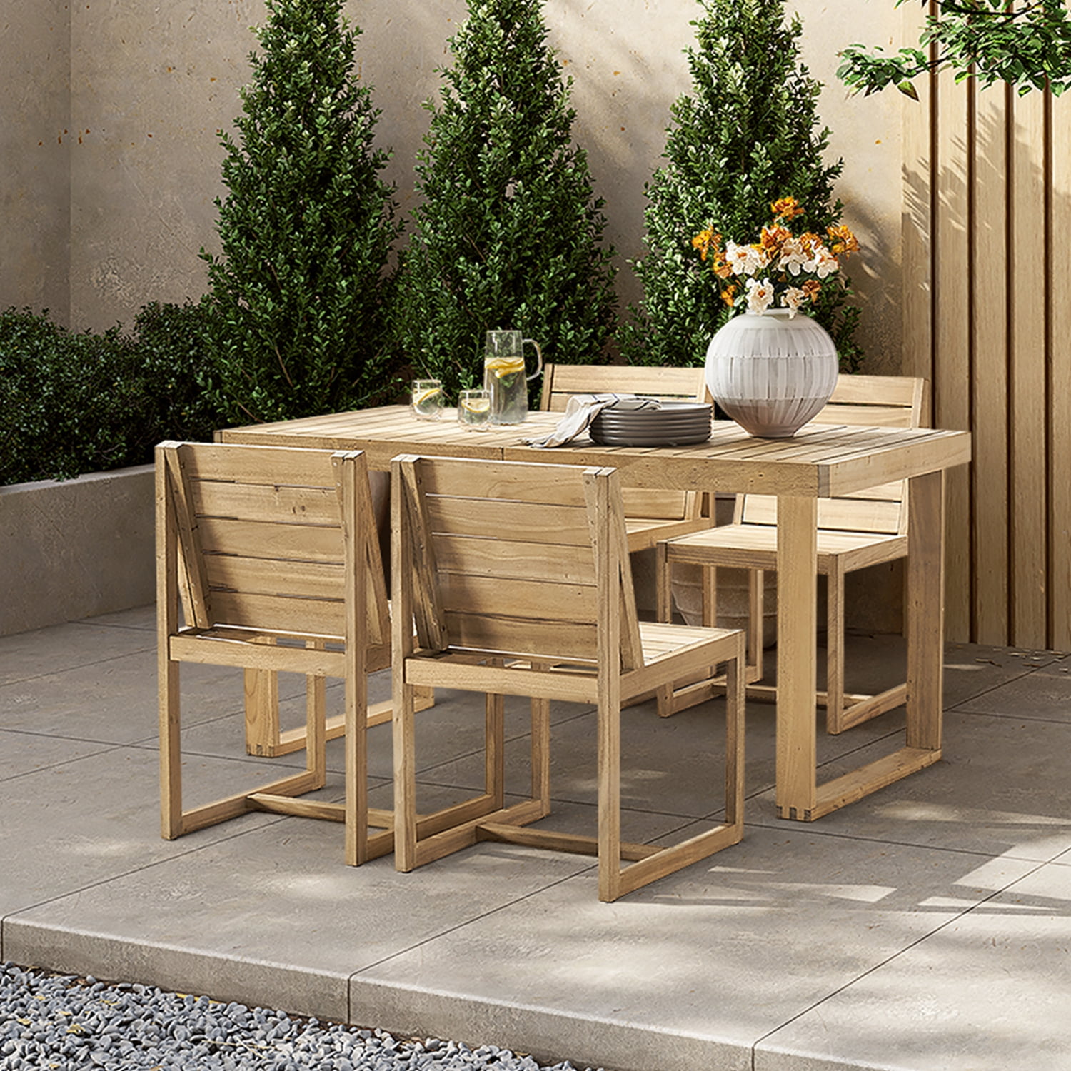 Mopio Bruno Patio Chairs, Solid Acacia Wood Outdoor & Indoor Chairs for Dining, Slatted Mid Century Modern Farmhouse Outside Chairs, for Picnic Garden Backyard Poolside Porch Conversation (Set of 4)