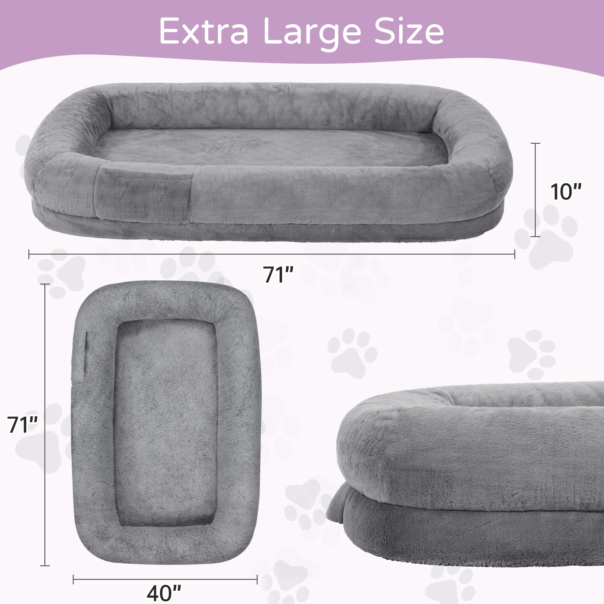 Melocadol Human Dog Bed for Adult, 71"x40"x10" Fits You & Pets, Orthopedic Foam, Washable Faux Fur, Removable Cover, Light Grey