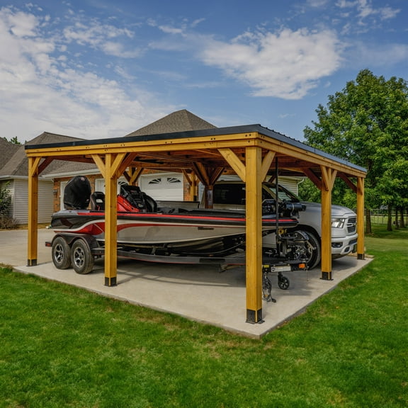 Backyard Discovery Kingsport 20'x 20' Cedar Wood Carport, Galvanized Steel Roof, PowerPort