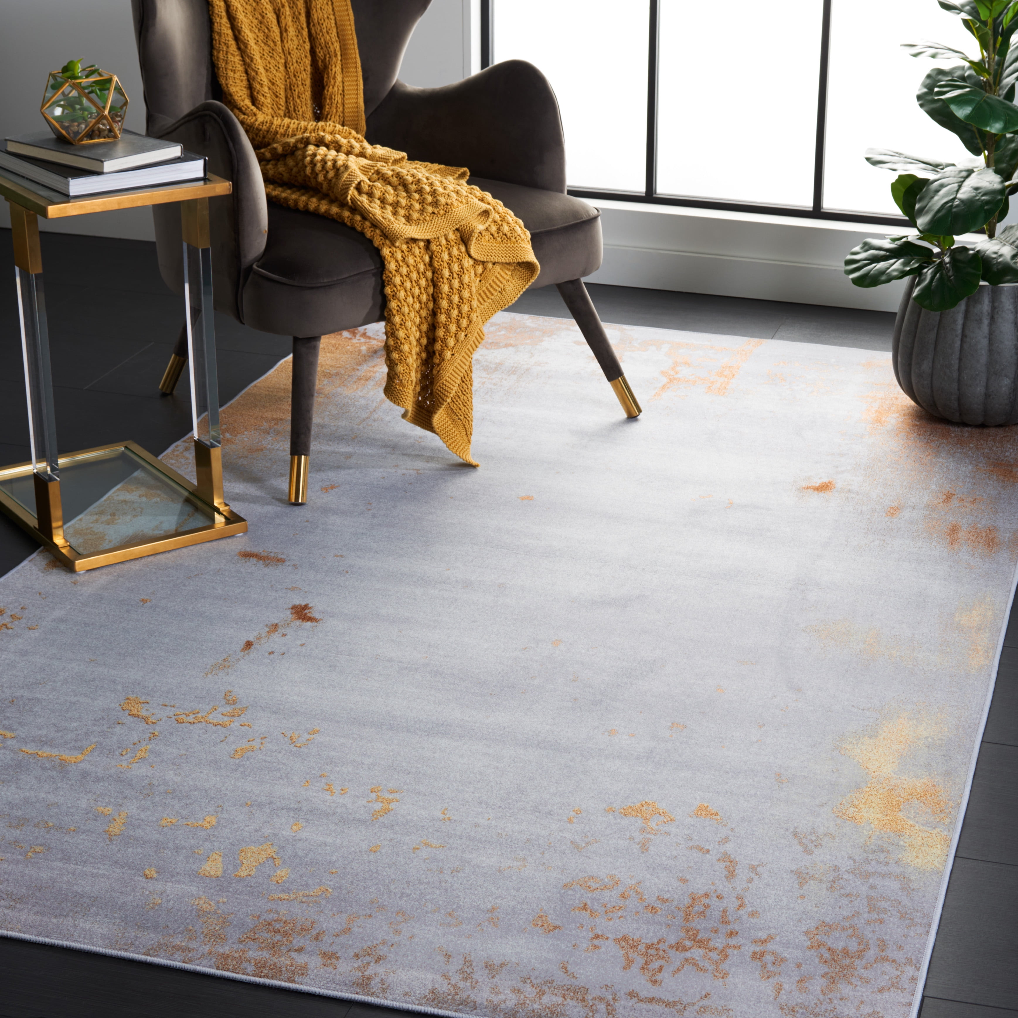 SAFAVIEH Tacoma Amilia Traditional Machine Washable Area Rug, Grey/Rust, 5' x 8'