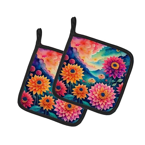 Colorful Dahlias Pair of Pot Holders 7.5 in x 7.5 in