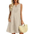 thumbnail image 5 of Pumxq Linen Dress for Women Boho Embroidered Midi Sleeveless V Neck Summer A-Line Tunic Tank Dresses Loose Beach Sundress Khaki 2XL, 5 of 8