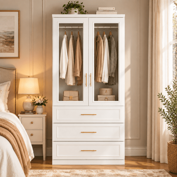 FAMAPY Wardrobe Armoire Closet with 2 Glass Doors, 3 Drawers and Hanging Rod, White Clothes Storage Cabinet for Bedroom, 31.7" x 19.3" x 74.8"