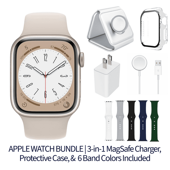 Restored Apple Watch Series 8 Bundle – 45mm GPS Starlight (2022) – Magnetic Charger & Sport Band Included (Refurbished)