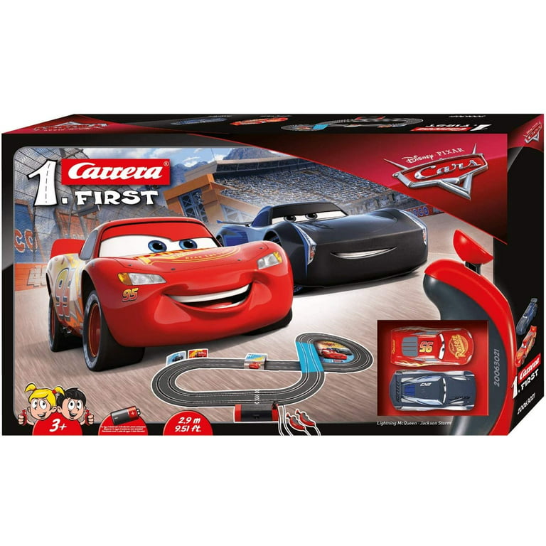 Carrera First Disney/Pixar Cars 3 - Slot Car Race Track - Includes 2 Cars:  Lightning McQueen and Jackson Storm - Battery-Powered Beginner Racing Set  for Kids Ages 3 Years and Up 