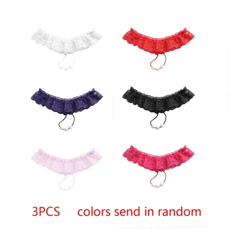 3Pack Women Massage Beading Sexy Panties Open Crotch Transparent Lace Underwear