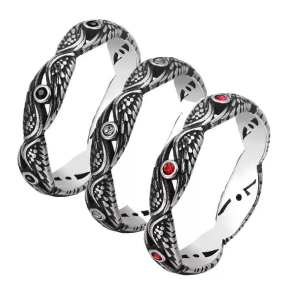 HOOUN Vintage CZ Angel Wings Wedding Ring Stainless Steel Men Women Lucky Pinky Band-8-Red
