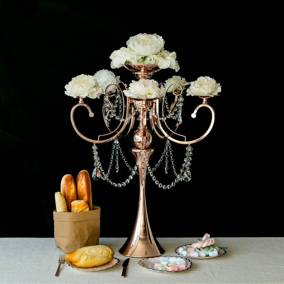 Efavormart 27.5" Tall Gold Metal Candelabra Chandelier Votive Candle Holder Wedding Centerpiece - With Acrylic Chains