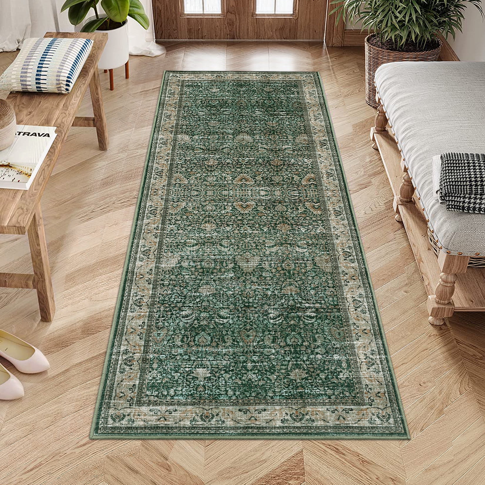 Washable Runner Rugs, Green 2'X6' Antique Distressed Long Rug, Modern Non Slip Stain Resistant Vintage Print Accent Carpet Floor Mat for Living Room Bedroom Dining Office Farmhouse Hallway Entryway