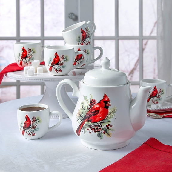 Fun Express 9 3/4" x 8 1/4" White Ceramic Cardinal on Branch Tea Set - 7 Pieces