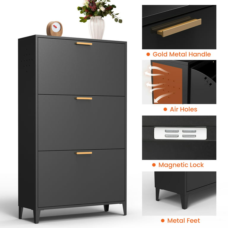 Black Narrow Shoe Storage Cabinet with 3 Shelves Wall Mounted in Small