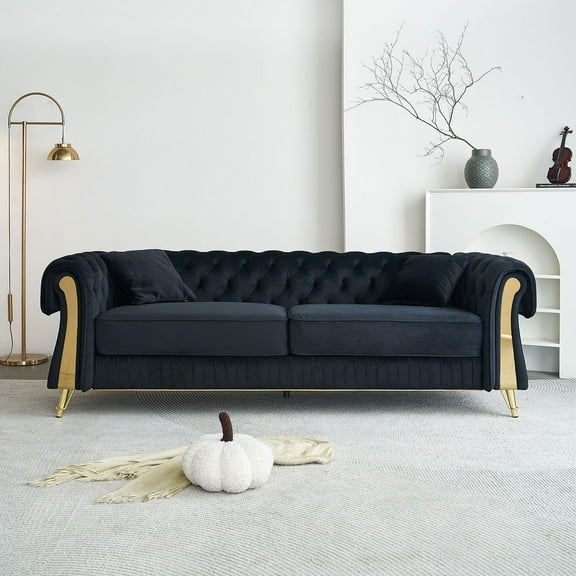 Newboti Furniture 89"W Chesterfield Modern Tufted Velvet Living Room Sofa with Two Seat Cushions and Two Toss Pillows,Black 48973