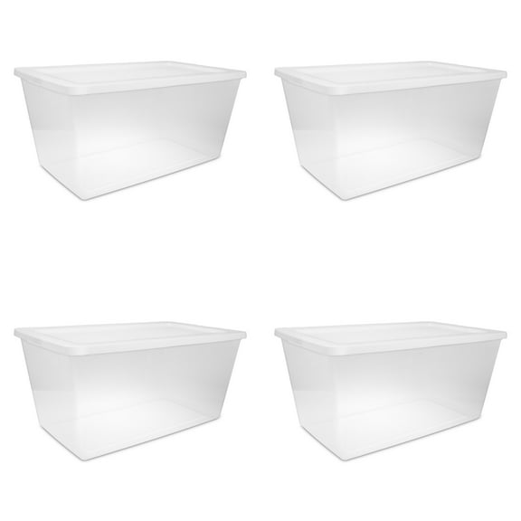 Sterilite Large Storage Bin, 90 Quart Clear Plastic Storage Container with Snap-On Lid, White, 4 Pack