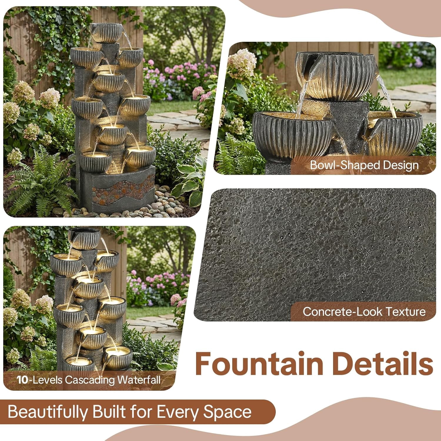 HOMEDIARY Modern 39.5" Tall Outdoor Water Fountain, Large 10-Tier Cascading Bowls Waterfall Fountain with LED Lights, Stone Texture Floor-Standing Resin Water Feature for Deck, Patio, Yard & Indoor