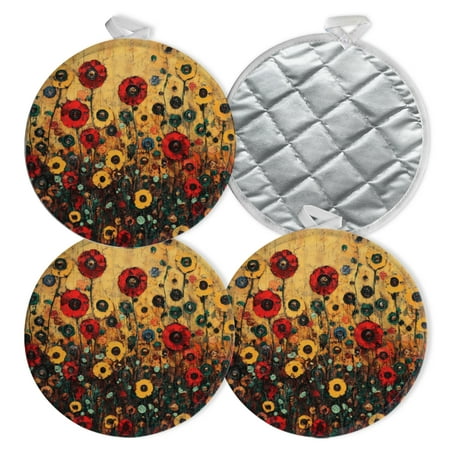 

4 PCS Pot Holders for Kitchen Potholders Sets with Hook for Oven Cooking Baking Vibrant Poppies On Golden - Toned Canvas