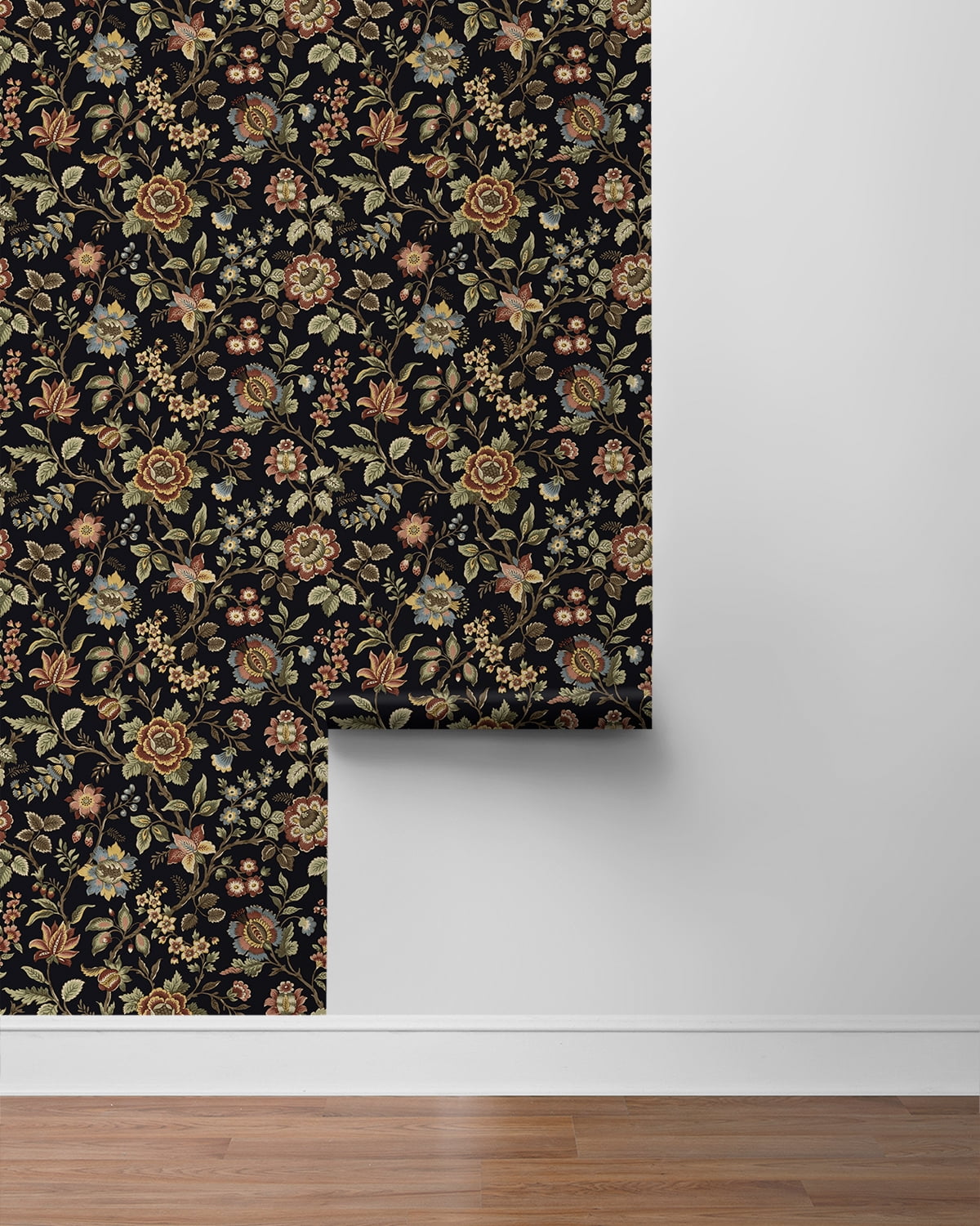 Stacy Garcia Home Ebony Jacobean Floral Trail Peel and Stick Wallpaper - 20.5 in. W x 10 ft. L Roll