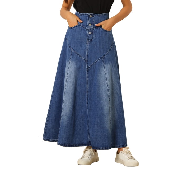Falda de mezclilla casual INSPIRE CHIC para mujer, de cintura alta, en línea A, con vuelo, maxi, color azul