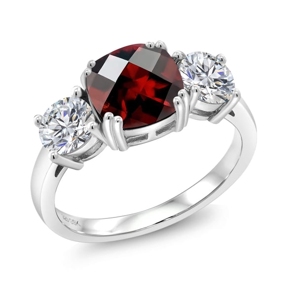 Gem Stone King 925 Sterling Silver Red Garnet and Lab Grown Diamond Engagement Ring for Women | 3.50 Cttw | Cushion Checkerboard 8MM | Gemstone January Birthstone | Size 5