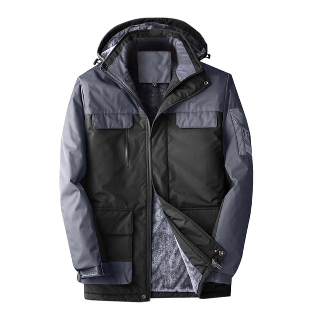 DPTALR Men's Detachable Cap Plus Velvet Thick Plus Size Multi-pocket Warm Cotton Coat