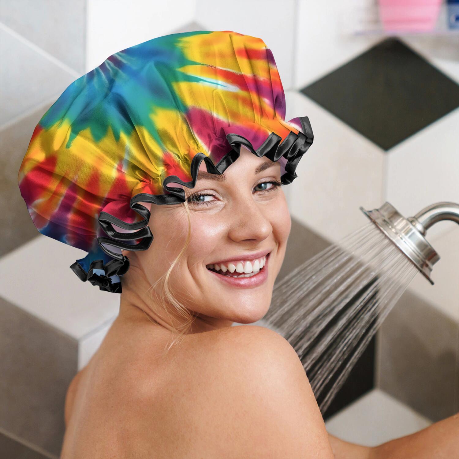 Shower Caps,Rainbow Tie Dye Mandala Pattern Waterproof Shower Cap for Women 4 Pieces,Double Reusable Hair Cover for Shower PEVA Elastic Stretch Hem