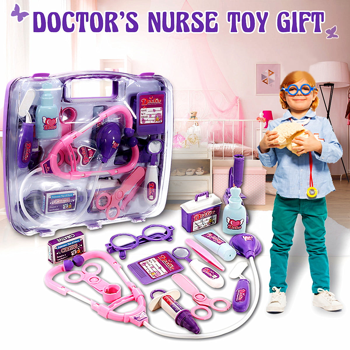 Childs Kids Doctor Nurse Carry Case Medical Kit Role Play Set Dress Up Toy Gift 