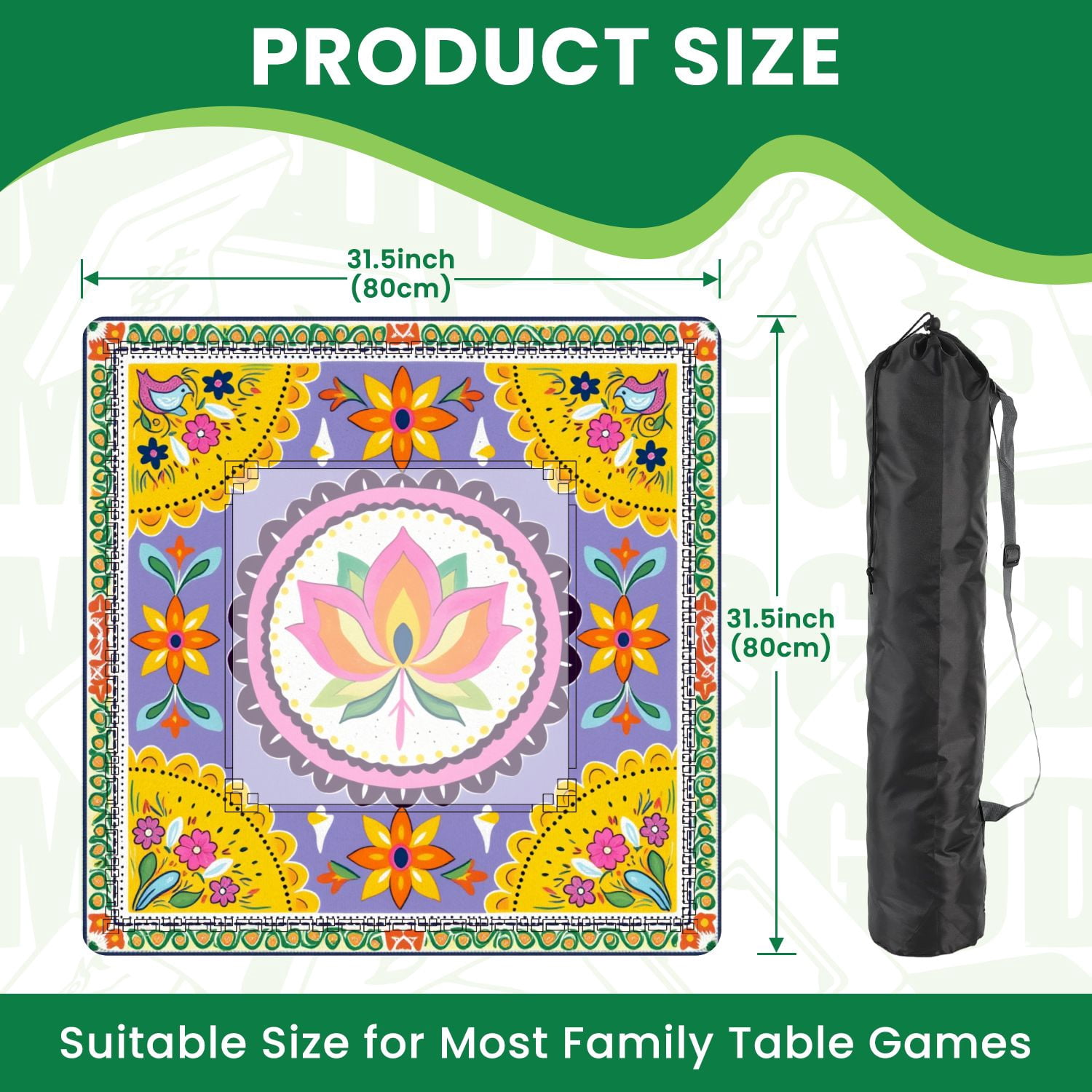 Mahjong Mat 31.5" x 31.5" Vibrant Floral Mandala Lotus Bright Colors Non-Slip Noise Reduction American Mahjong Tiles Table Cover for Dominoes Poker Card Board Games Gift
