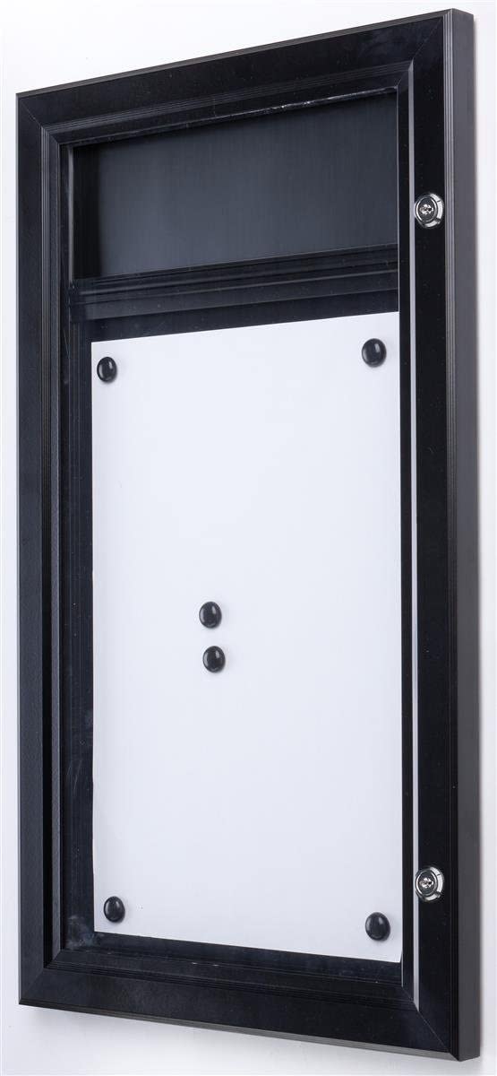 Weather Resistant, Magnetic Surface, Bulletin Board With Swing-Open Locking Door, Wall Mounted, Matte Black Finish Aluminum Frame, With Header, For Indoor Or Outdoor Use (ODM111711H)