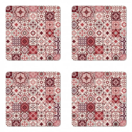 

Traditional Coaster Set of 4 Pattern of Moroccan Inspired Tile Like Squares Ornamental Eastern Details Square Hardboard Gloss Coasters Standard Size Maroon Pale Ruby by Ambesonne