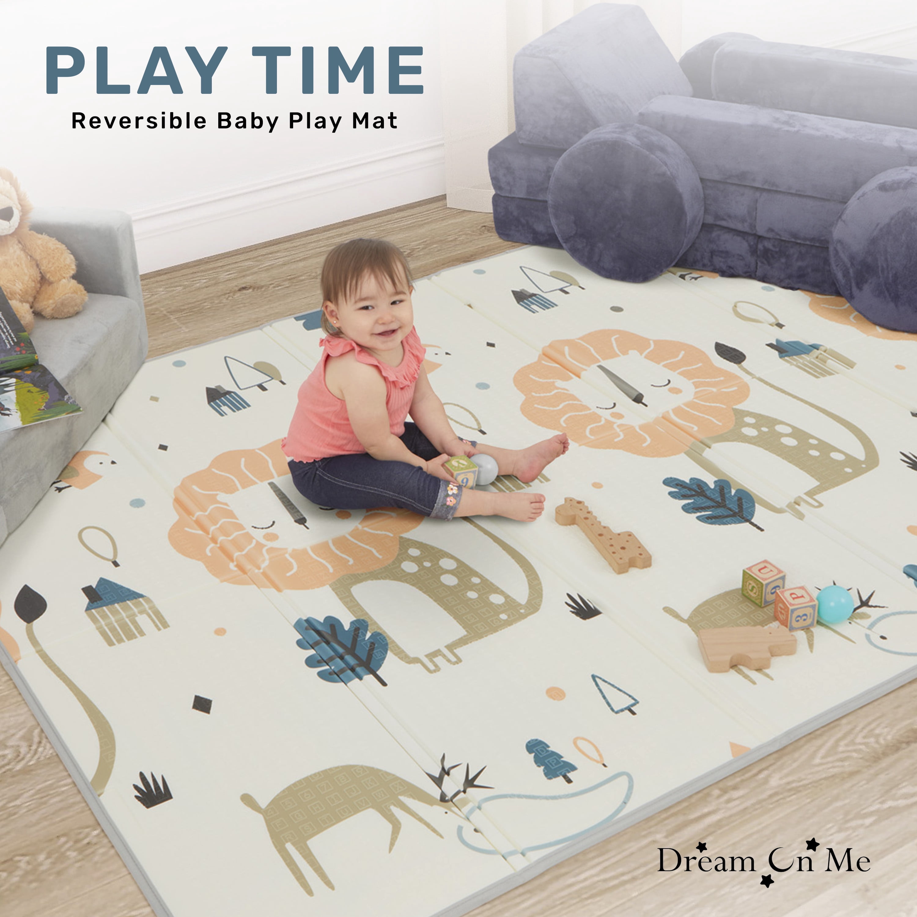 Dream On Me Play Time Reversible Baby Play Mat Foldable Extra Large Thick Foam Crawling Playmats for Toddlers Waterproof Portable Playmat Yoga/Picnic/Game Mat Indoor/Outdoor, Giraffe and Dinosaur