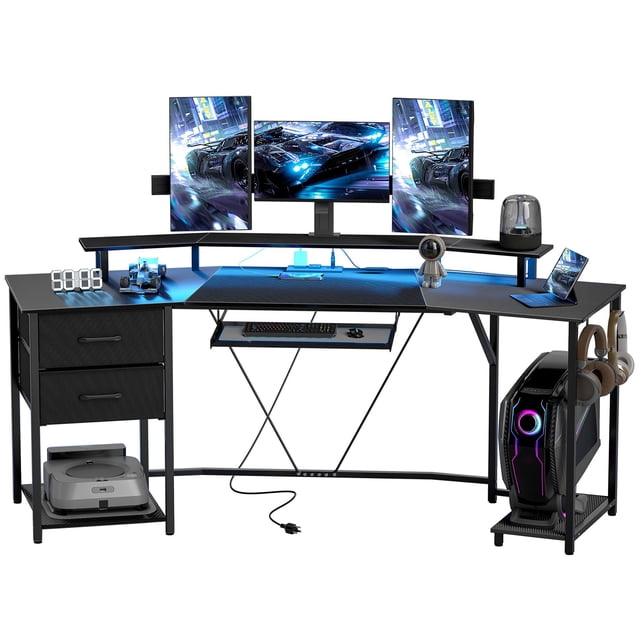 Bureau de Jeu de 79 Pouces avec Lumières RVB, Grande Table d'Ordinateur Courbée avec Prises de Courant, USB-C, Support pour Moniteur, Plateau pour Clavier et 2 Tiroirs, Bureau de Bureau en Acier Noir et Panneau de Particules