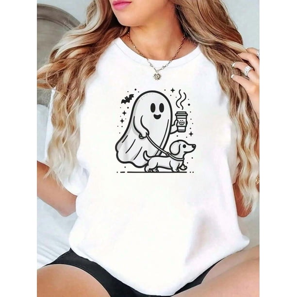 100% Cotton Funny Dachshund Ghost Halloween Spooky Season Weenie Dog T-Shirt Summer Tees Women